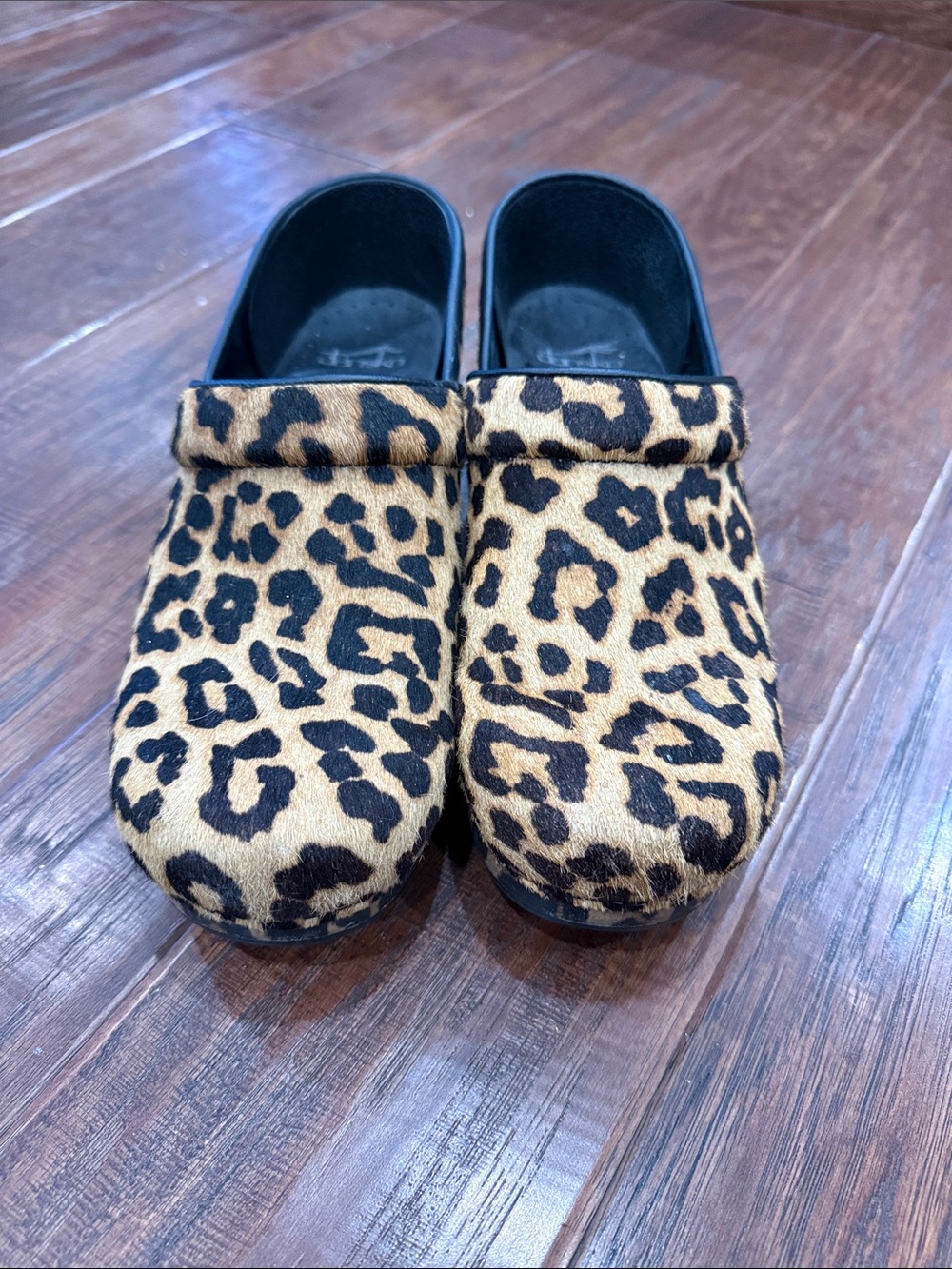 Dansko Leopard Print Clogs in Tan and Black